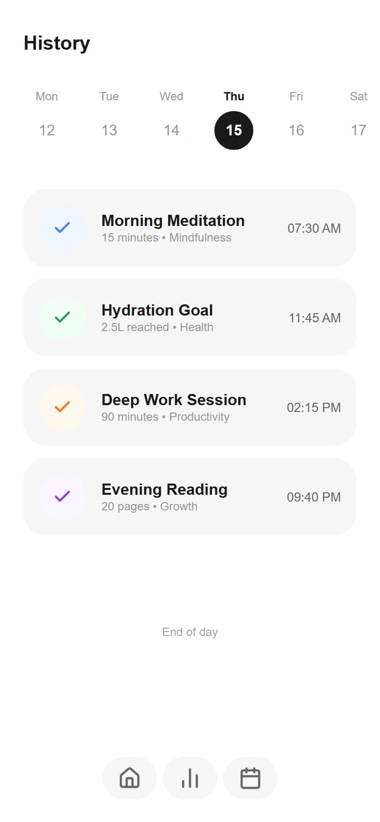 Quiet Habit History mobile UI generated by Drawgle