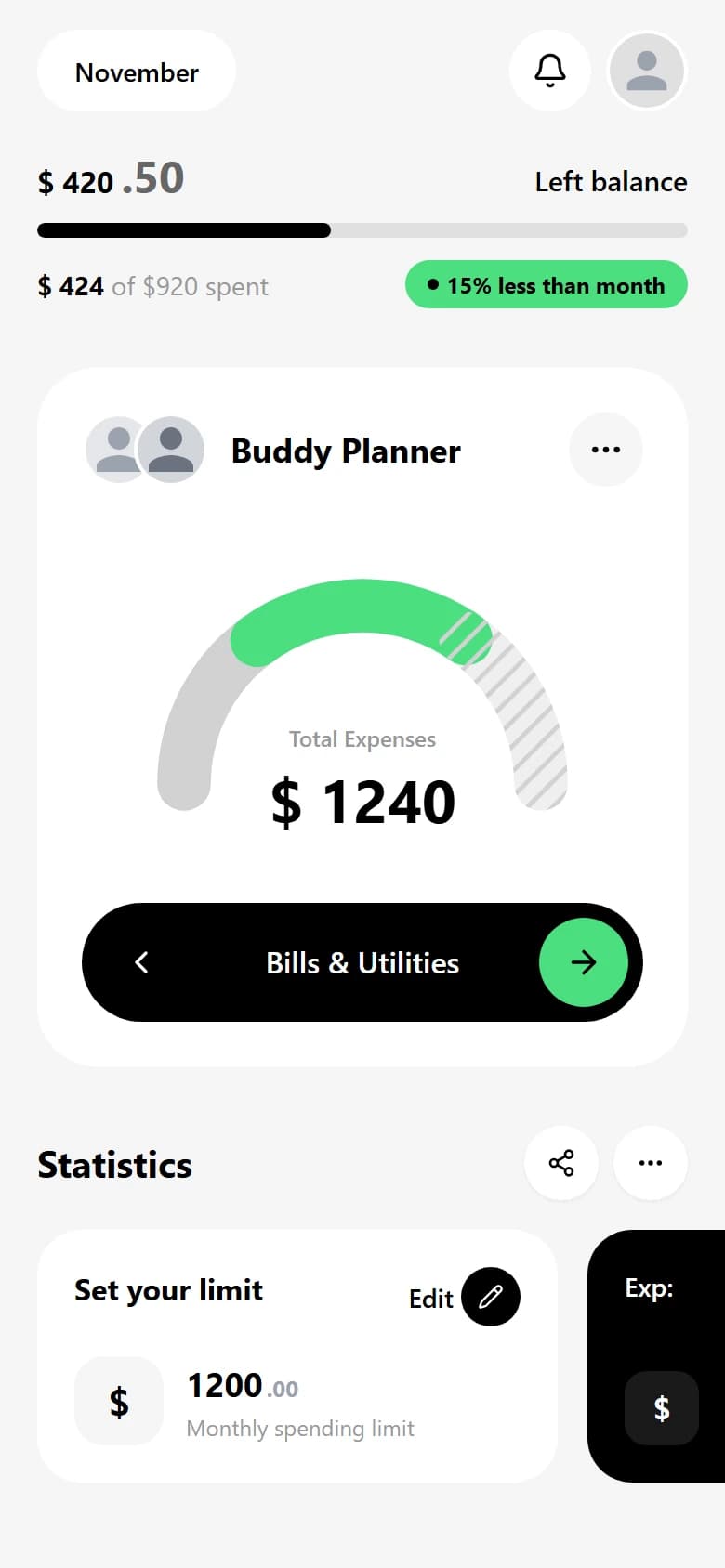 Neo Mint Dashboard mobile UI generated by Drawgle