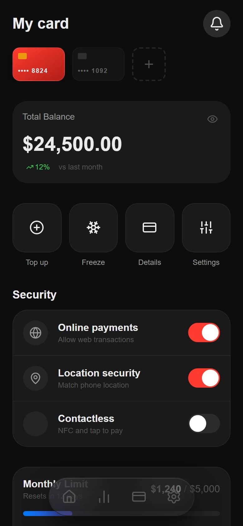 Neobank Cards mobile UI generated by Drawgle