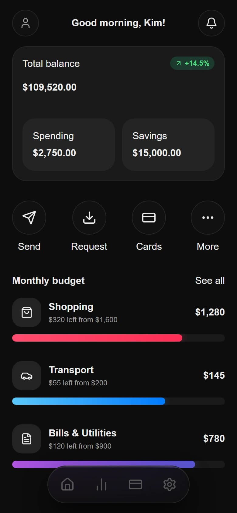 Neobank Dashboard mobile UI generated by Drawgle