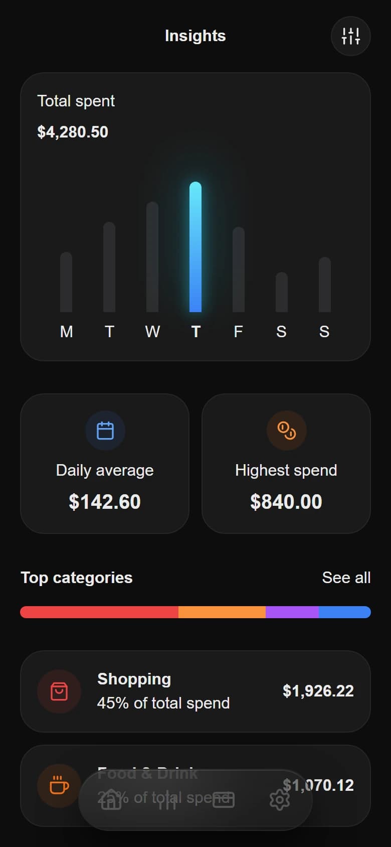 Neobank Insights mobile UI generated by Drawgle